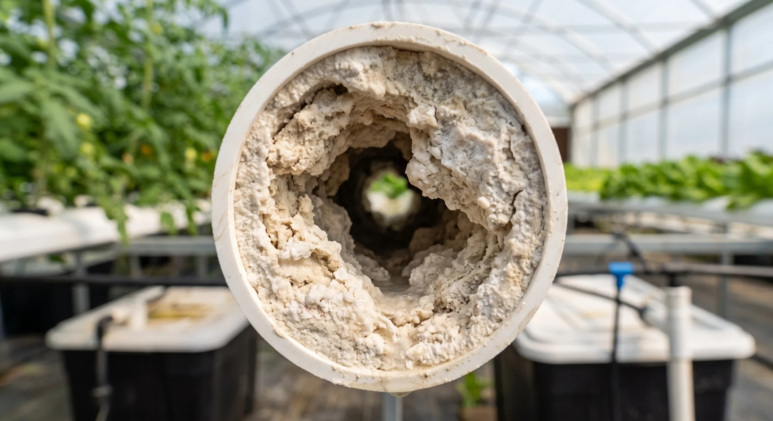 Close-up showing calcium carbonate scale deposits inside hydroponic irrigation tubing caused by untreated hard tap water.