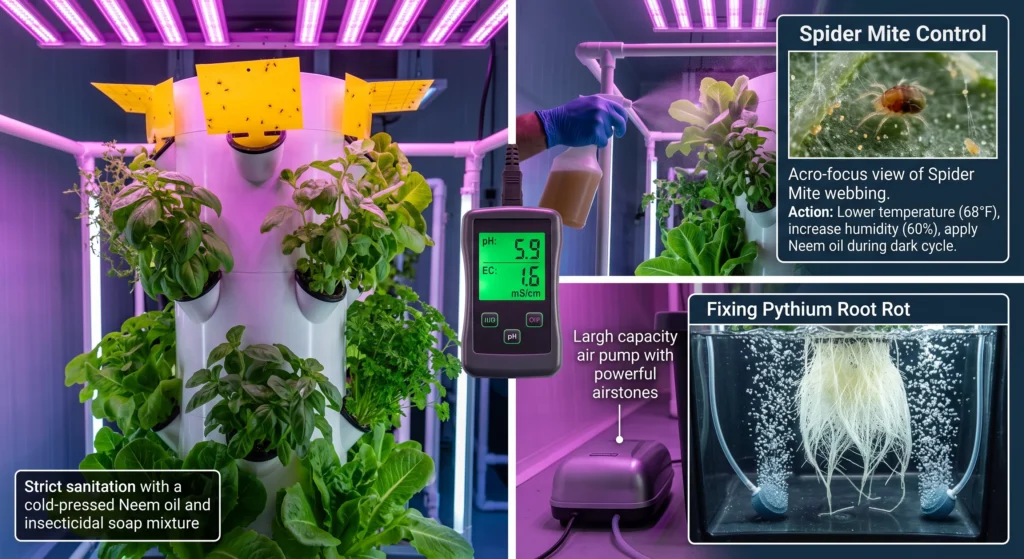 A detailed multi-panel photograph illustrating integrated pest and disease control in an indoor vertical aeroponic tower farming system under intense pink and purple grow lights. The large left panel features a white vertical tower with dense leafy basil and lettuce growth, with yellow sticky traps attached. A text box in the bottom left says 'Strict sanitation with a cold-pressed Neem oil and insecticidal soap mixture.' A central hand-held multi-meter probe unit has a bright green digital screen displaying 'pH: 5.9' and 'EC: 1.6 mS/cm.' The top right panel is titled 'Spider Mite Control' and includes an 'Acro-focus view of Spider Mite webbing' next to a detailed close-up micrograph of a mite, with a text action plan: 'Action: Lower temperature (68°F), increase humidity (60%), apply Neem oil during dark cycle.' The bottom right panel is titled 'Fixing Pythium Root Rot' and visualizes a small air pump labeled 'Large capacity air pump with powerful airstones' connected to a clear glass jar containing a massive, healthy, bright white, bubbling root system.