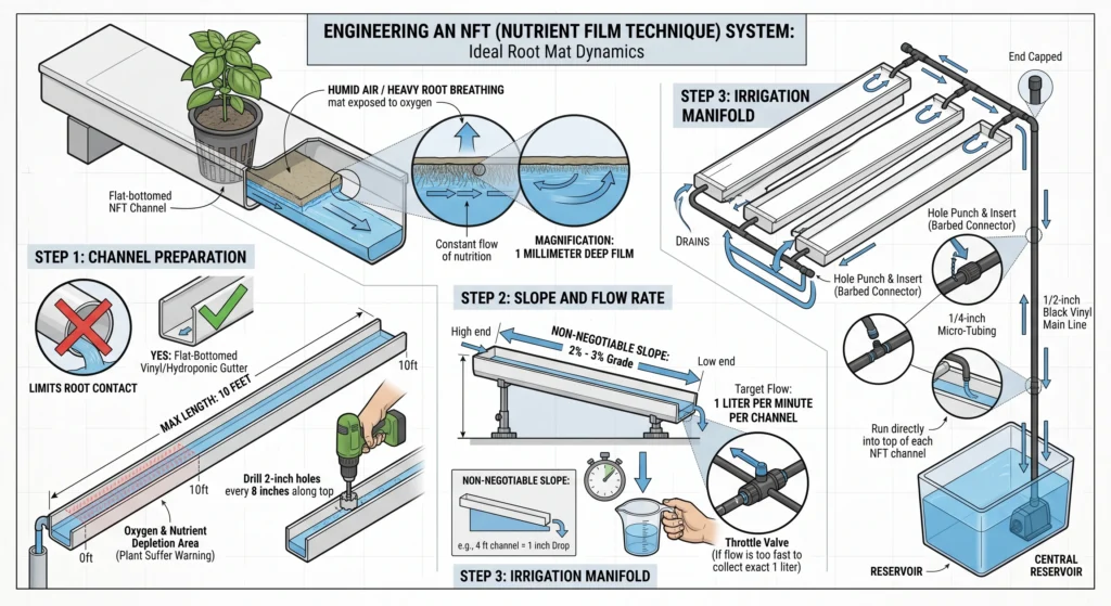 Detailed infographic showing how to build an NFT (Nutrient Film Technique) hydroponic system, including channel preparation, 2–3% channel slope, 1-liter-per-minute nutrient flow rate, irrigation manifold, reservoir, and healthy root mat development.