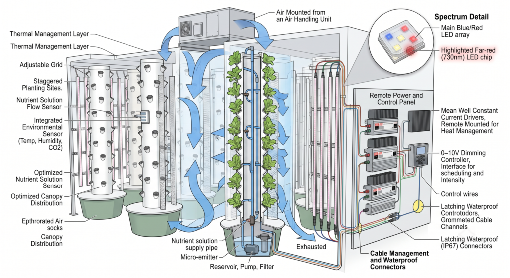Optimized vertical hydroponic lighting design with remote LED drivers, dimmable controls and far-red enhanced lighting.