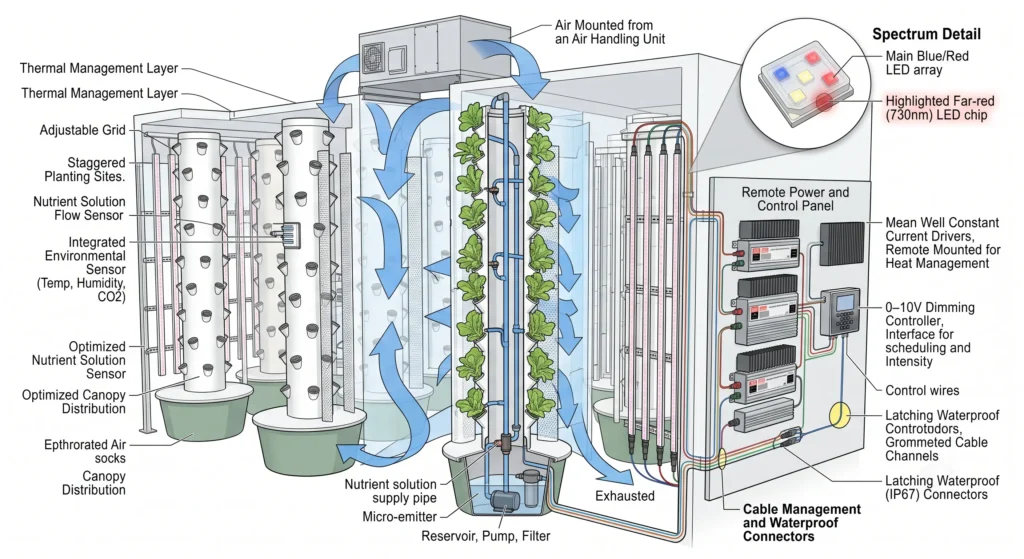 Optimized vertical hydroponic lighting design with remote LED drivers, dimmable controls and far-red enhanced lighting.
