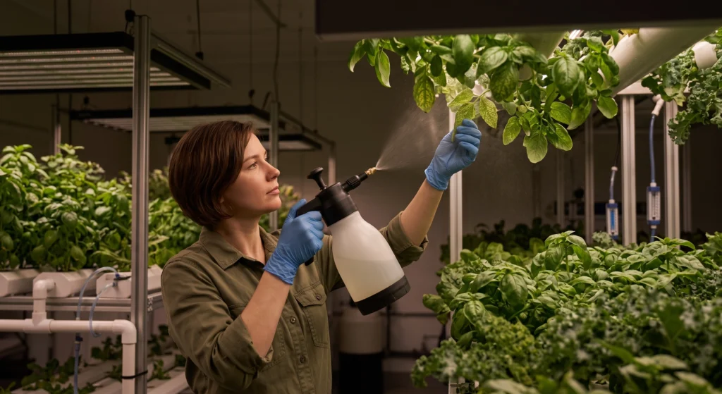 Grower applying organic contact spray to the underside of hydroponic plant leaves for spider mite control