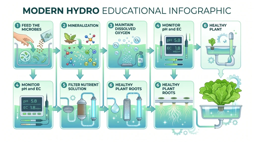 Educational infographic summarizing organic hydroponic best practices including bio-digester use, strong aeration, dissolved oxygen monitoring, microbial management, and veganic nutrient preparation.