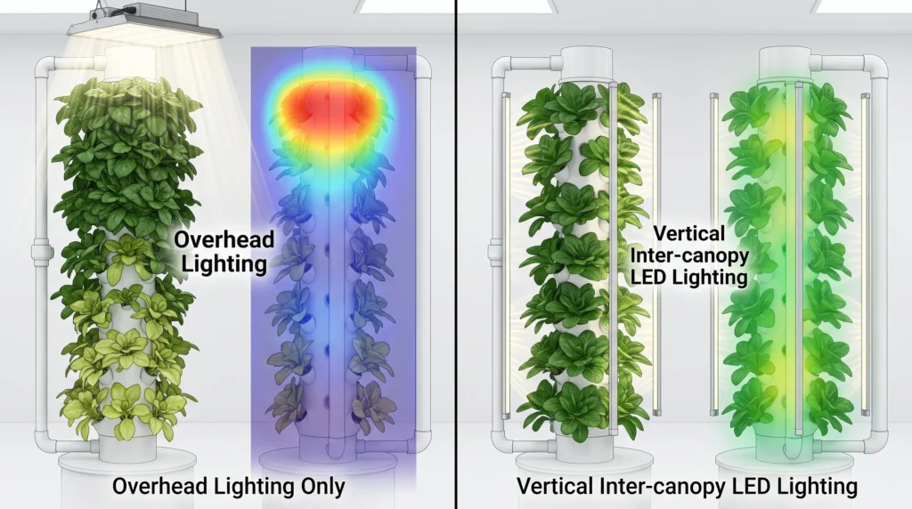 Comparison between overhead-only lighting and inter-canopy LED lighting in vertical hydroponic towers.