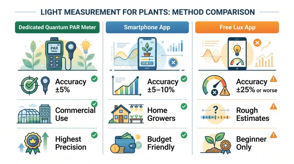 Quantum PAR Meters vs Smartphone Light Meter Apps: Comparing Accuracy for Indoor Growers 4 Comparison chart of dedicated PAR meters, smartphone apps, and lux meter apps for PPFD accuracy.