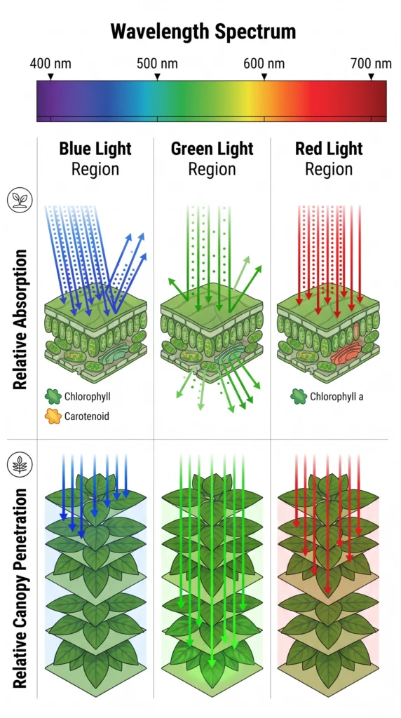 Scientific infographic illustrating the PAR spectrum from 400–700 nm, highlighting blue, green and red wavelength regions along with their relative absorption by plant leaves.