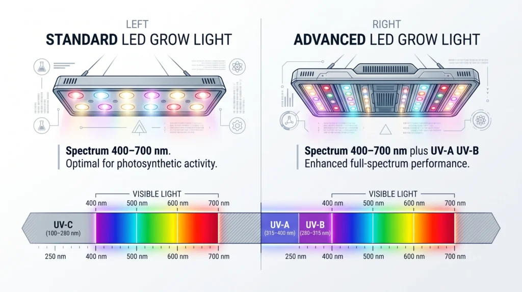 Scientific comparison showing a standard PAR LED grow light beside an advanced LED fixture with independent UV channels, illustrating the evolution of modern horticultural lighting technology.