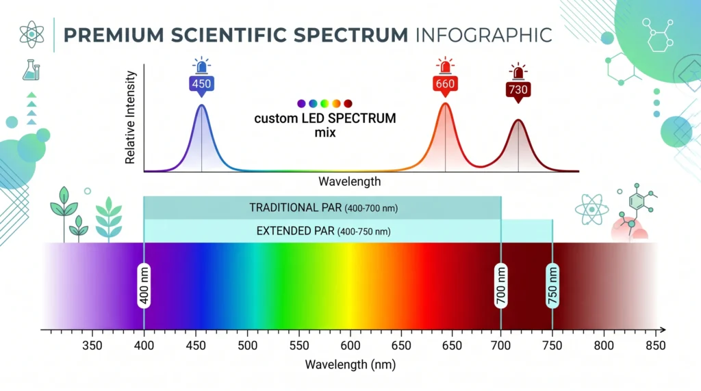 Scientific spectrum chart comparing traditional PAR (400–700 nm) with Extended PAR (400–750 nm), highlighting the importance of 730 nm far-red light in modern hydroponic lighting.