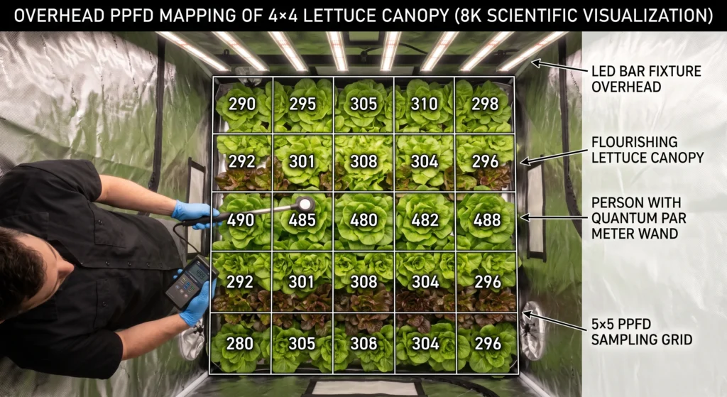 Quantum PAR Meters vs Smartphone Light Meter Apps: Comparing Accuracy for Indoor Growers 8 Grid of PPFD measurements across an indoor grow tent showing hotspots and edge falloff.