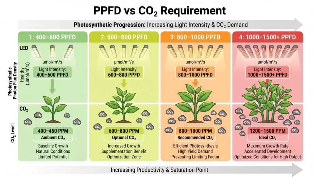 Chart comparing LED PPFD levels with recommended carbon dioxide concentrations for hydroponic plants.