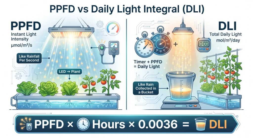 Comparison infographic explaining the difference between PPFD and Daily Light Integral using rainfall analogy and hydroponic lighting.