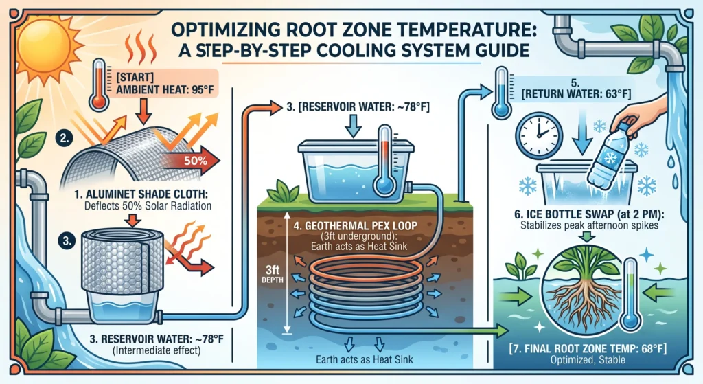 Infographic illustrating a complete passive hydroponic cooling system using Aluminet shade cloth, an insulated reservoir, a buried geothermal PEX cooling loop, and frozen water bottles to maintain a stable 68°F root zone temperature in a Deep Water Culture (DWC) hydroponic system.