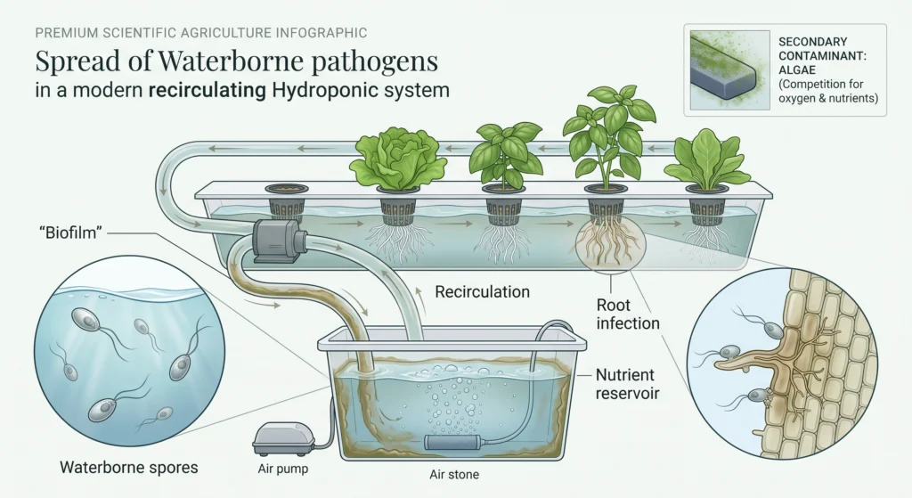 Diagram showing biofilm, waterborne pathogens, zoospores, and root infection in hydroponic nutrient solution