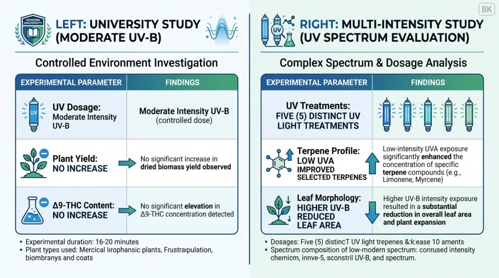 Scientific comparison infographic summarizing peer-reviewed studies on supplemental UV lighting, showing cultivar-dependent responses, yield effects, cannabinoid content, and terpene changes under different UV-A and UV-B treatments.