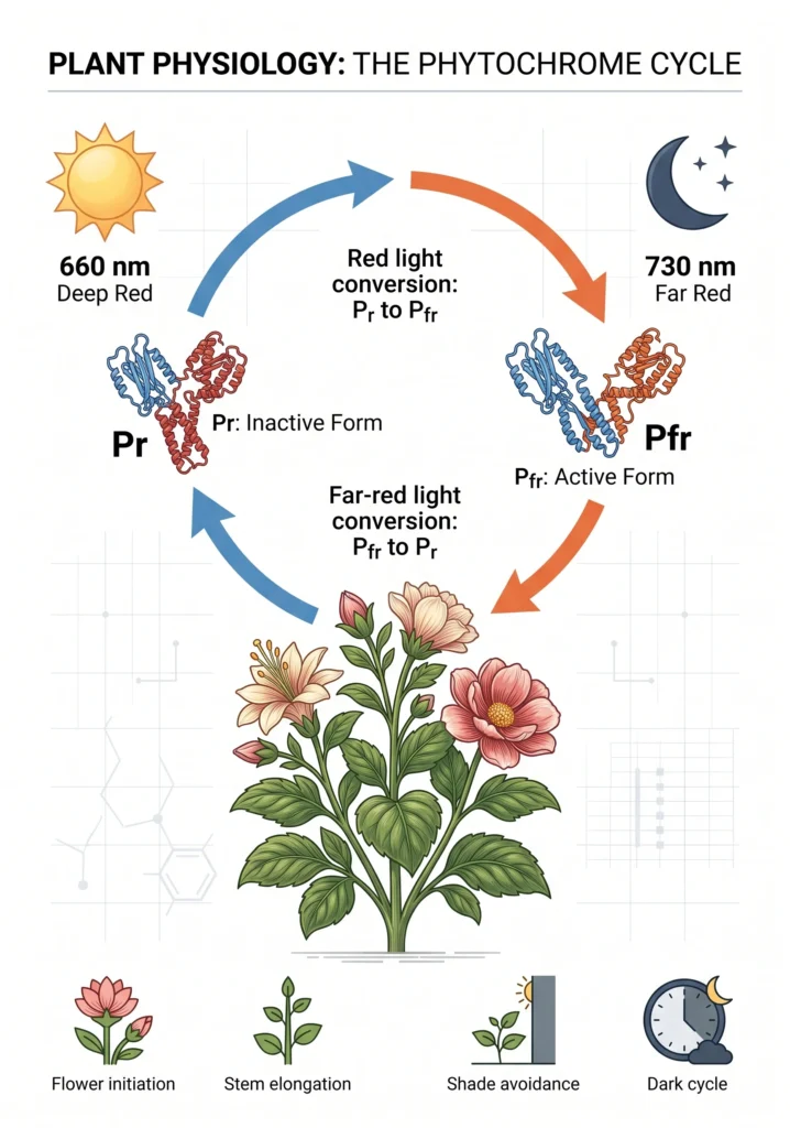 Scientific diagram showing inactive Pr converting to active Pfr under 660 nm deep-red light and active Pfr returning to inactive Pr under 730 nm far-red light or during darkness, illustrating the molecular basis of flowering control.