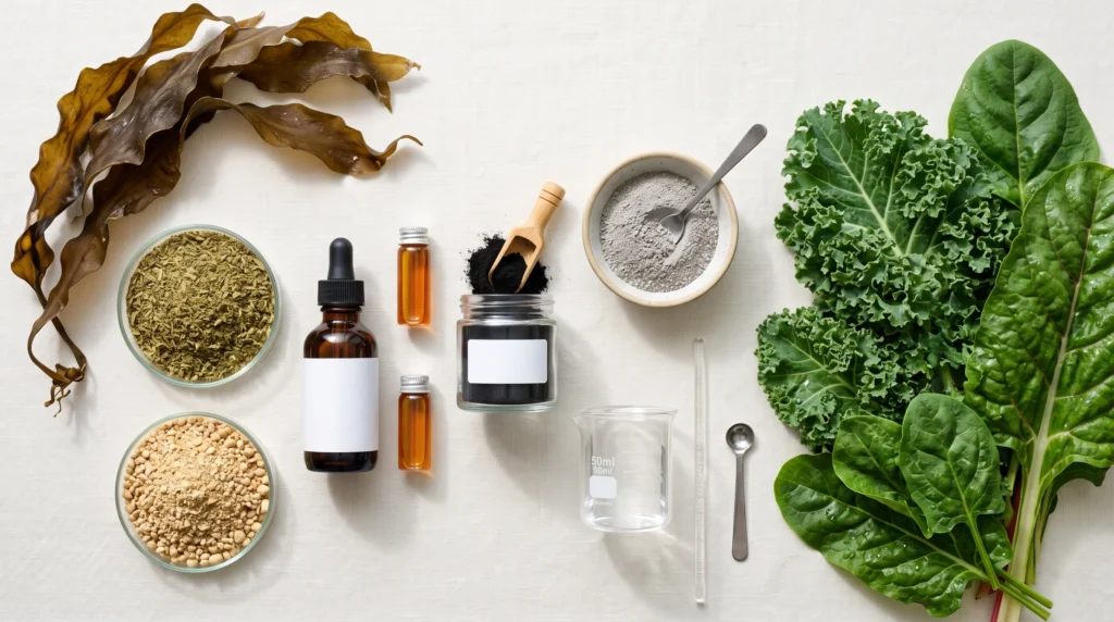 Collection of plant-based hydroponic nutrient ingredients including kelp extract, alfalfa meal, soybean meal, humic acid, fulvic acid, and rock minerals used in veganic growing systems.