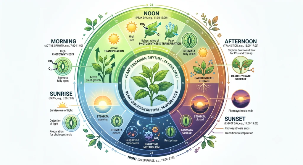 Plant circadian rhythm synchronized with sunrise, midday, sunset, and nighttime.