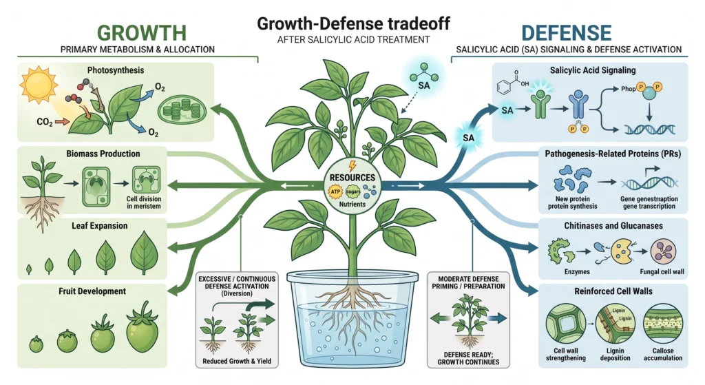 Infographic showing the metabolic trade-off between plant growth and defense after salicylic acid treatment