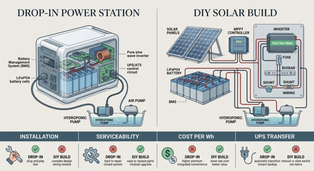 Editorial comparison infographic showing an all-in-one solar power station versus a modular DIY hydroponic solar backup system.