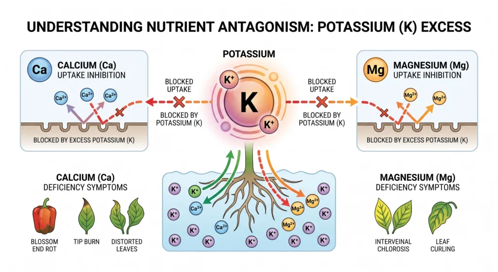 Diagram explaining how excessive potassium reduces calcium and magnesium uptake in hydroponic peppers