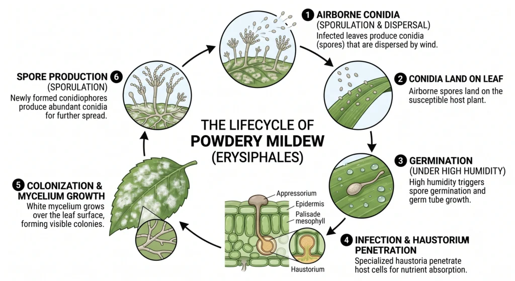 Powdery Mildew Prevention in High-Humidity Grow Tents: The Ultimate Eradication Guide 1 Lifecycle diagram showing powdery mildew spores infecting hydroponic plants in humid grow tents.