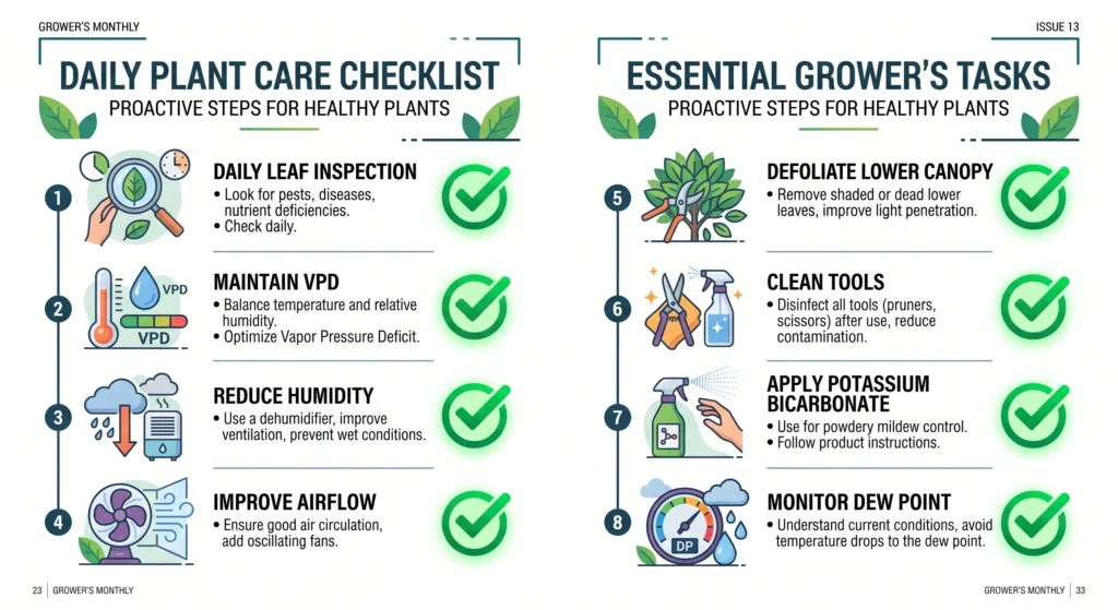 Powdery Mildew Prevention in High-Humidity Grow Tents: The Ultimate Eradication Guide 16 Visual checklist for preventing powdery mildew in indoor hydroponic grow tents.