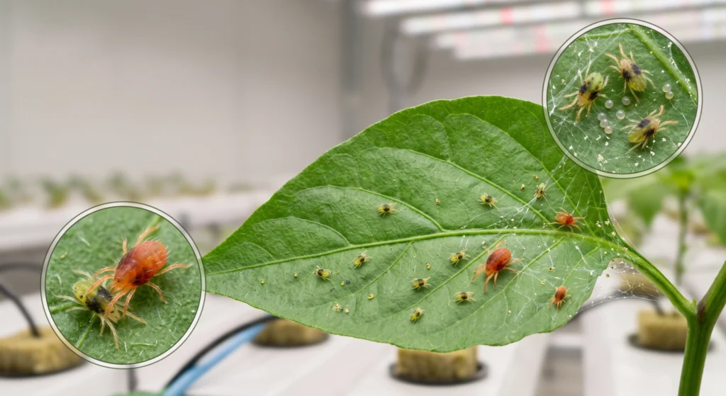 Predatory mites hunting spider mites on a hydroponic plant leaf