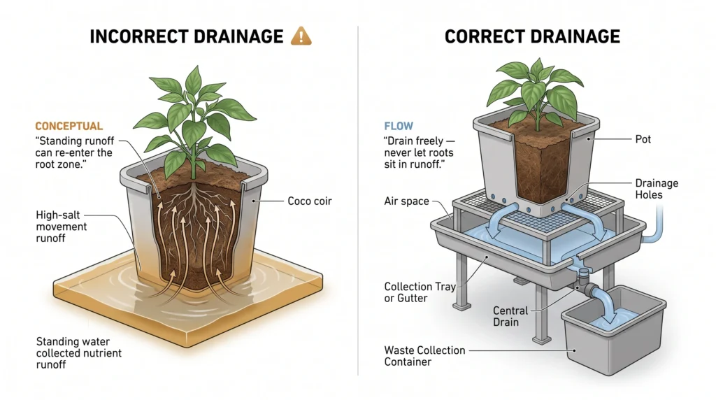 Technical infographic showing elevated hydroponic containers draining freely into a collection gutter while preventing pots from sitting in nutrient runoff.