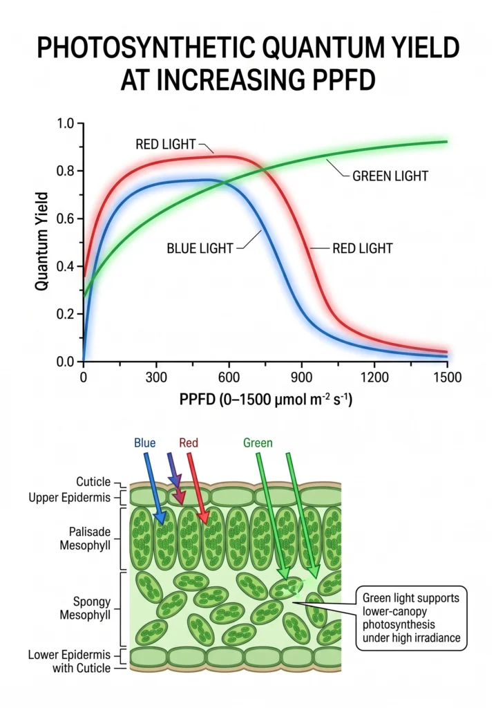 Scientific graph showing photosynthetic quantum yield under increasing PPFD, illustrating that green light maintains higher efficiency at high irradiance after red and blue light become saturated.