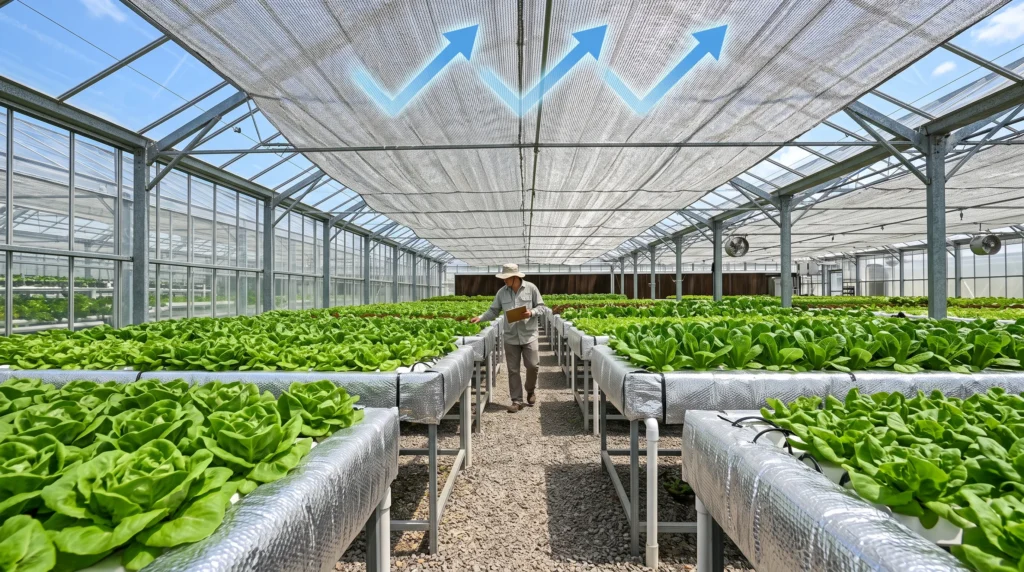Hydroponic greenhouse using reflective reservoir insulation and Aluminet shade cloth to reduce nutrient solution temperature.
