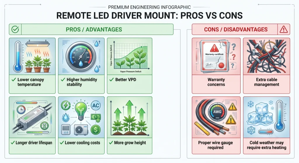 Infographic comparing the advantages and disadvantages of mounting an LED grow light driver outside a grow tent.