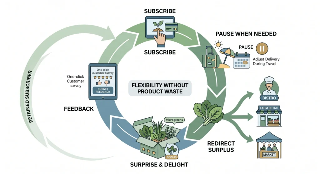 Hydroponic subscription retention infographic showing vacation holds, surplus redistribution, surprise bonuses, customer feedback, and recurring retention.