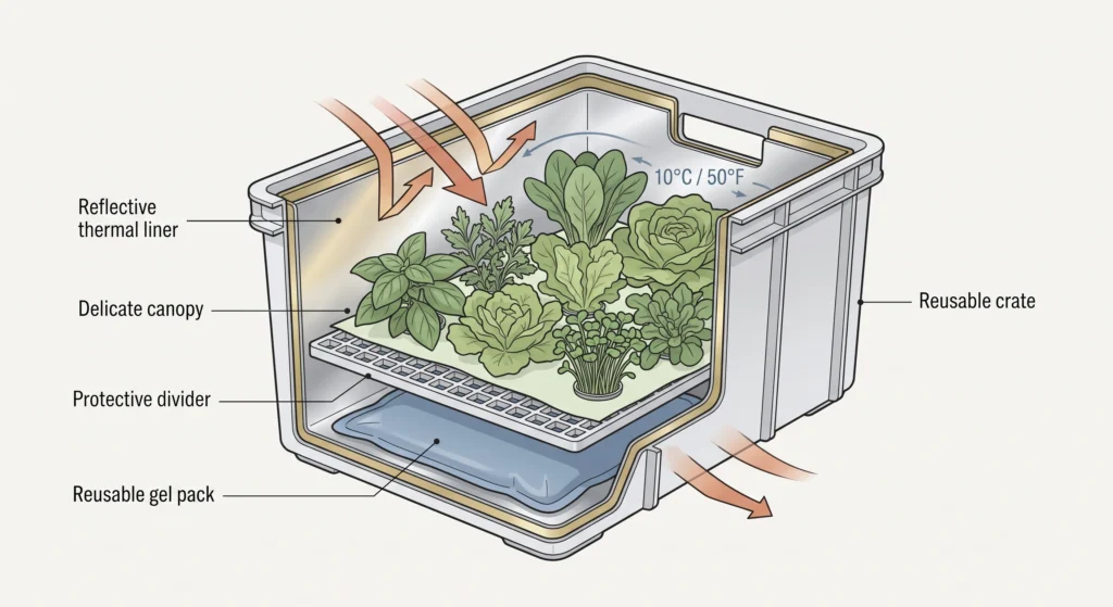 Cutaway infographic of an insulated reusable produce crate showing thermal liner, gel pack, divider, and delicate greens.