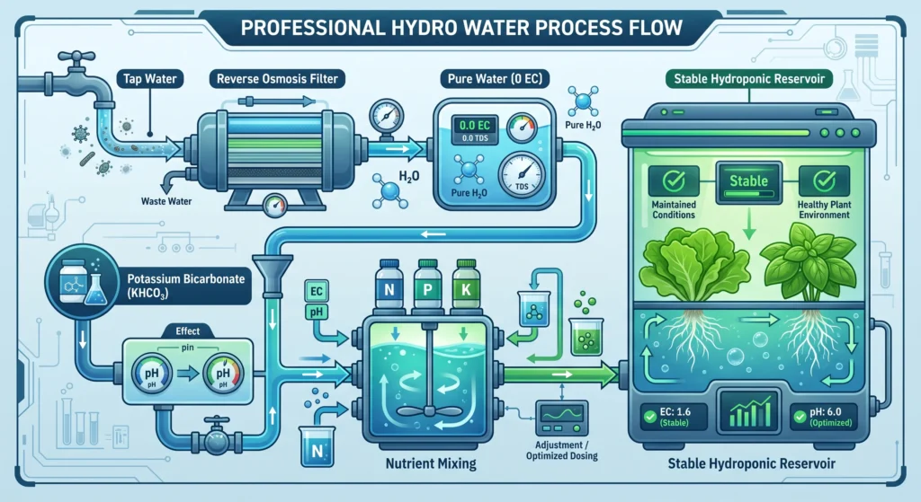 Flowchart showing reverse osmosis filtration followed by remineralization for hydroponic nutrient preparation