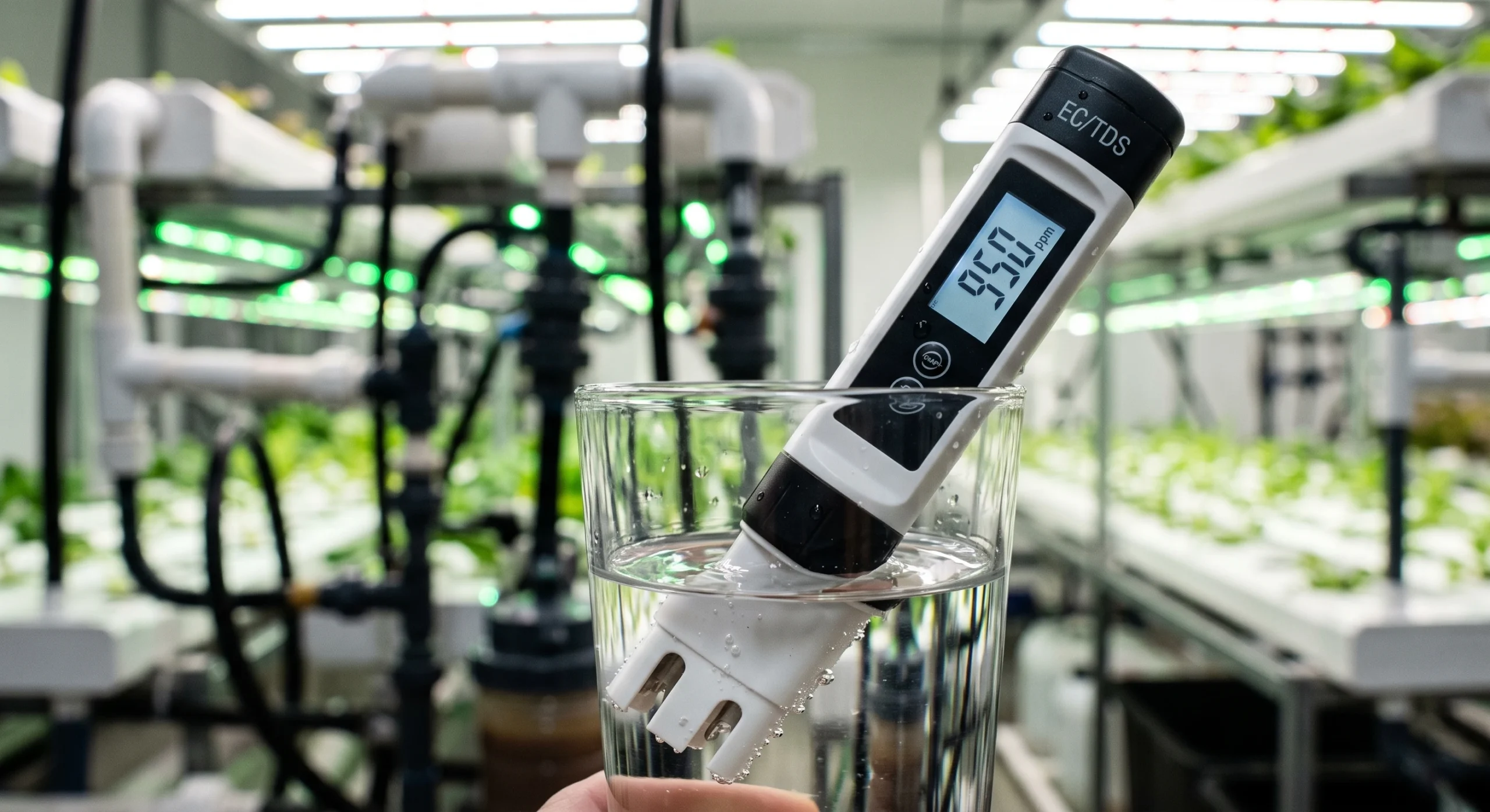 Side-by-side comparison of reverse osmosis water and municipal tap water used for hydroponic nutrient solution preparation.