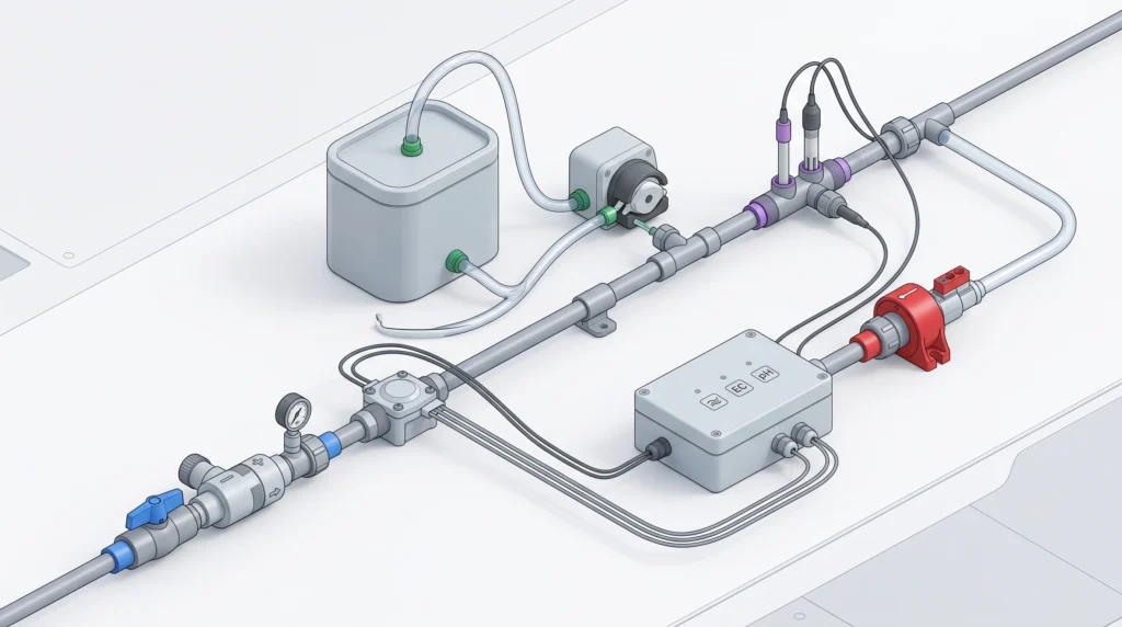 Fertigation Controllers for Home Growers: From Simple Timers to Smart Dosers 11 Hydroponic fertigation safety system with backflow prevention flow sensor and dosing controller