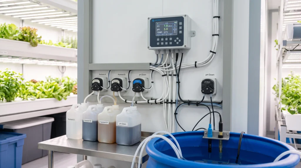 Fertigation Controllers for Home Growers: From Simple Timers to Smart Dosers 7 Automated EC and pH dosing controller with peristaltic pumps and nutrient probes