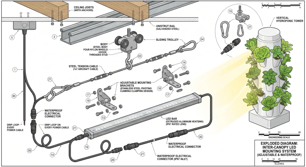 Diagram showing unistrut rails, sliding trolley system, tension cable and drip loops for vertical LED grow lights.