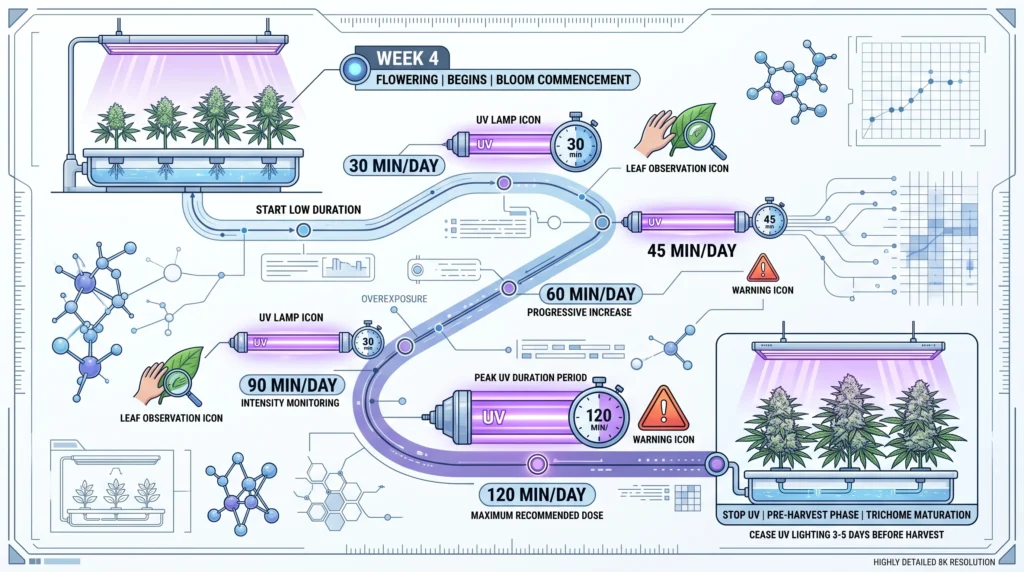 Timeline infographic illustrating a gradual UV exposure schedule during flowering, beginning with short daily exposure, slowly increasing duration, and stopping several days before harvest.