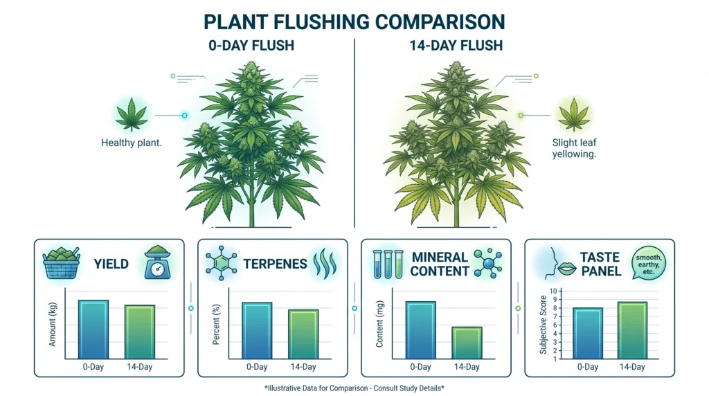 Professional infographic comparing flushed and unflushed hydroponic plants with charts illustrating tissue mineral concentration, terpene profile, yield, and consumer preference.