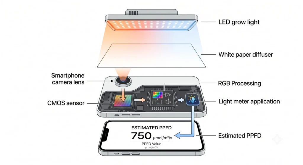 Quantum PAR Meters vs Smartphone Light Meter Apps: Comparing Accuracy for Indoor Growers 3 Diagram showing how a smartphone camera with a diffuser estimates PPFD from LED grow lights.