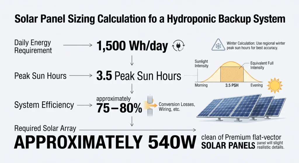 Infographic showing how daily hydroponic energy consumption, peak sun hours, and system efficiency determine required solar panel wattage.