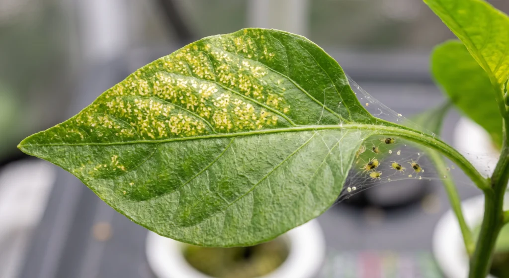 Spider mite stippling and fine webbing visible on the underside of a hydroponic plant leaf