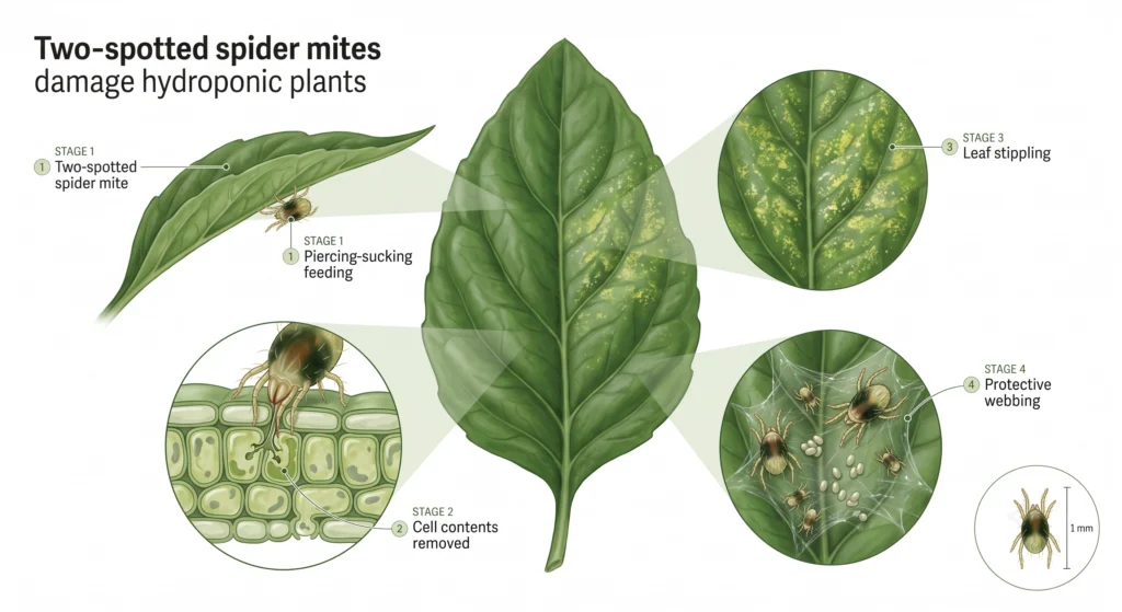 Educational diagram showing spider mite feeding, leaf stippling, webbing, and plant damage