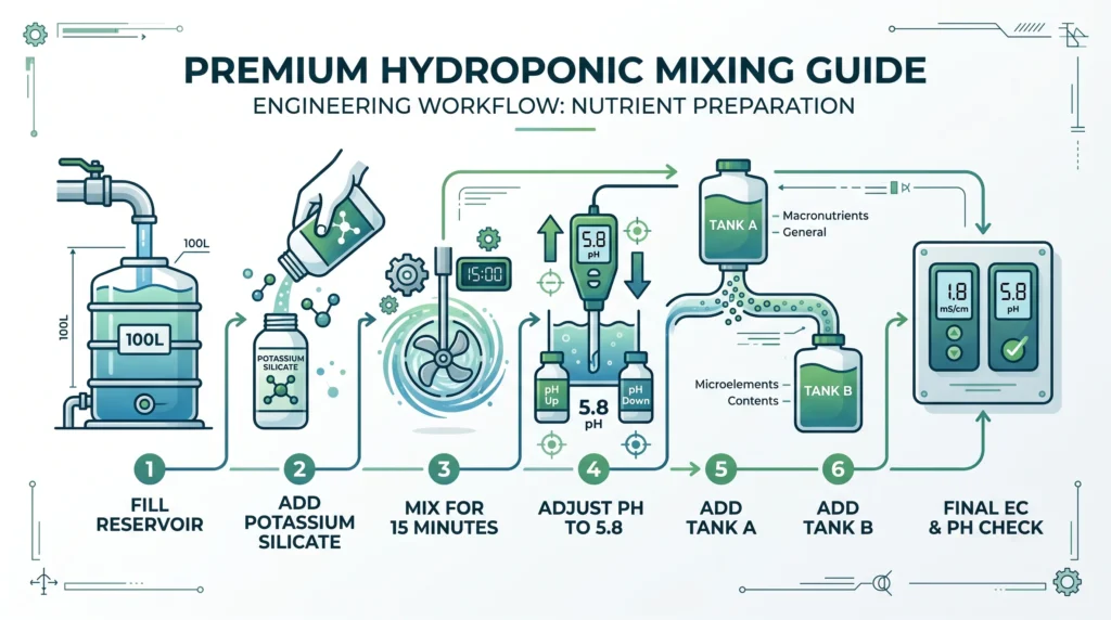 Infographic showing the correct hydroponic nutrient mixing sequence: reservoir water, potassium silicate, pH adjustment, Tank A calcium nitrate, Tank B nutrients, and final EC and pH check.