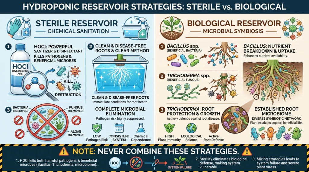 Comparison of sterile hydroponic reservoirs and biological reservoirs using beneficial microbes.