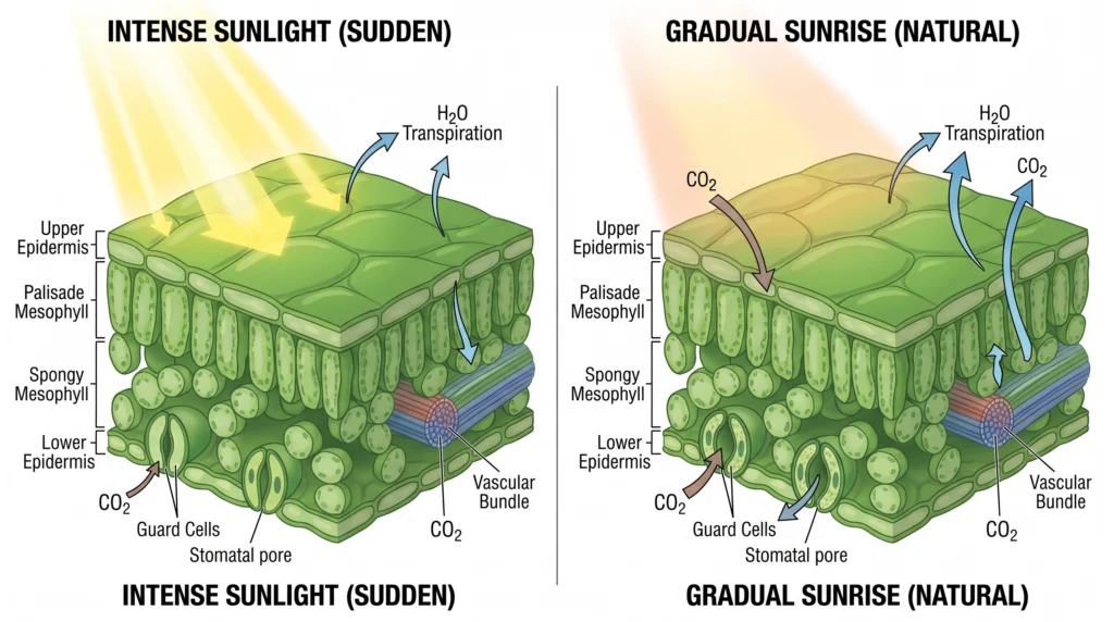 Scientific illustration showing stomata opening slower than light intensity increases.