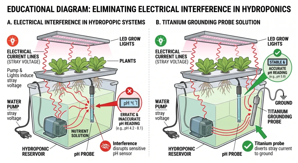 The Ultimate Hydroponic pH Meter Guide: Anatomy of a $1,200 Mistake 9 Diagram showing stray electrical current interfering with hydroponic pH probe accuracy