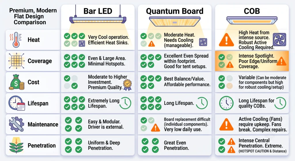 Visual comparison of advantages and disadvantages of bar LED, quantum board and COB lighting.