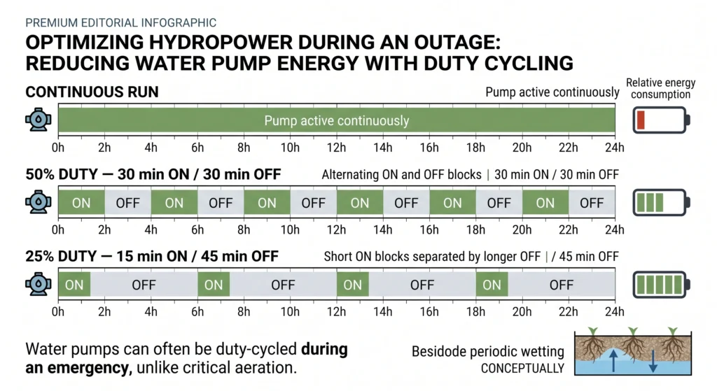 Infographic showing continuous pump operation compared with 30/30 and 15/45 duty-cycle schedules to extend battery runtime.